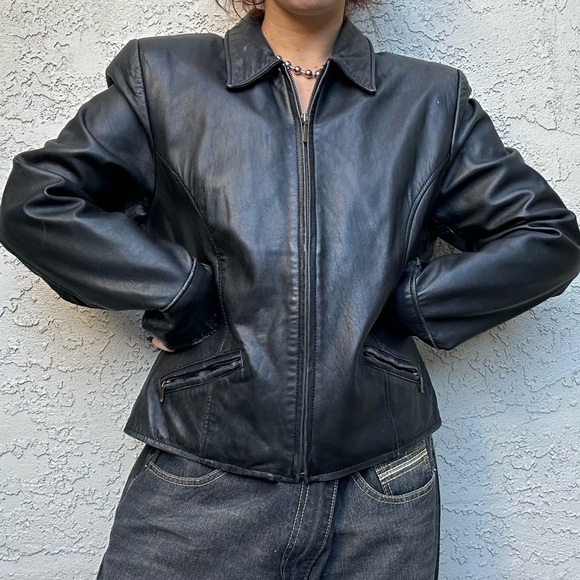Vintage Y2k Black Leather Moto Jacket - Picture 1 of 12
